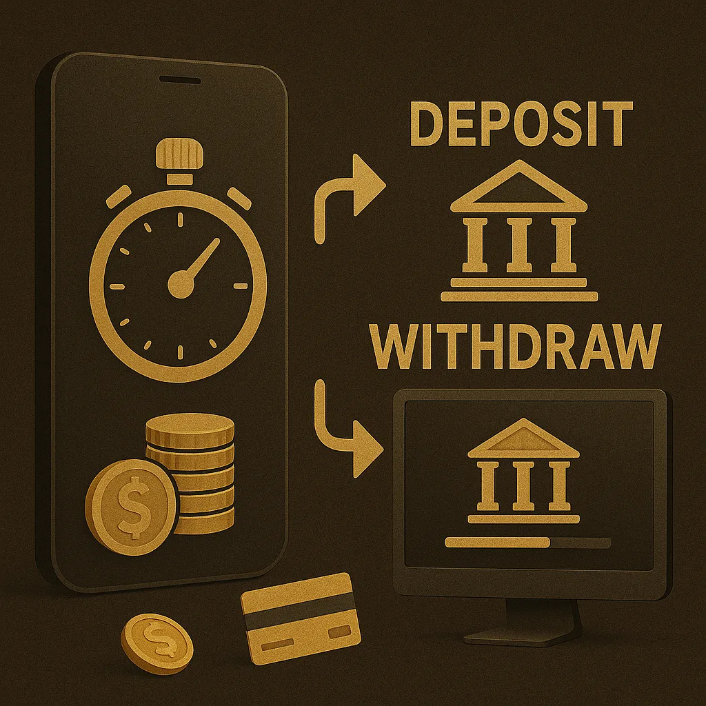 Illustration of online deposit and withdrawal process with smartphone, coins, credit card, and bank icons representing fast transactions