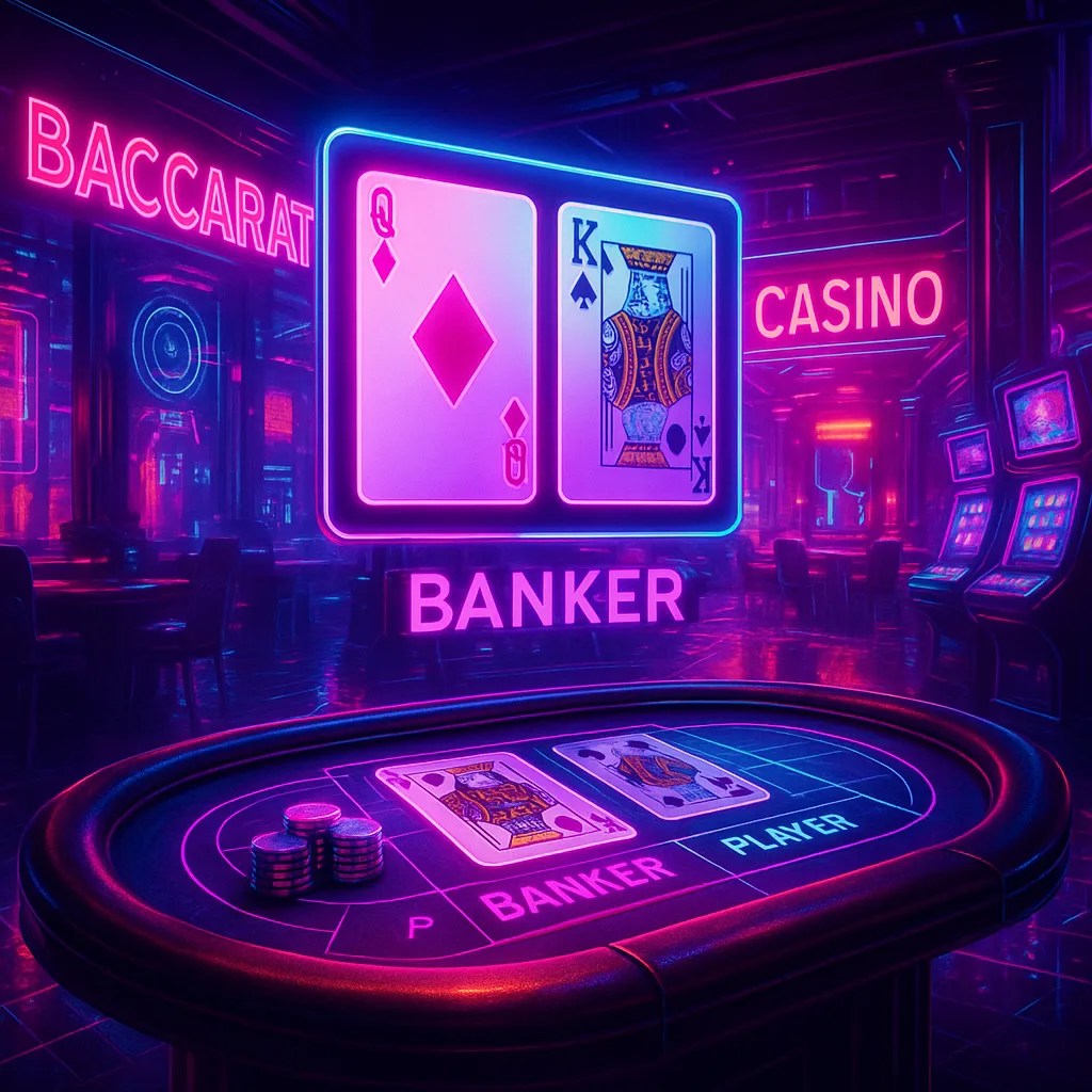 Baccarat cards and chips glowing with pink and blue neon light in a futuristic online casino environment.