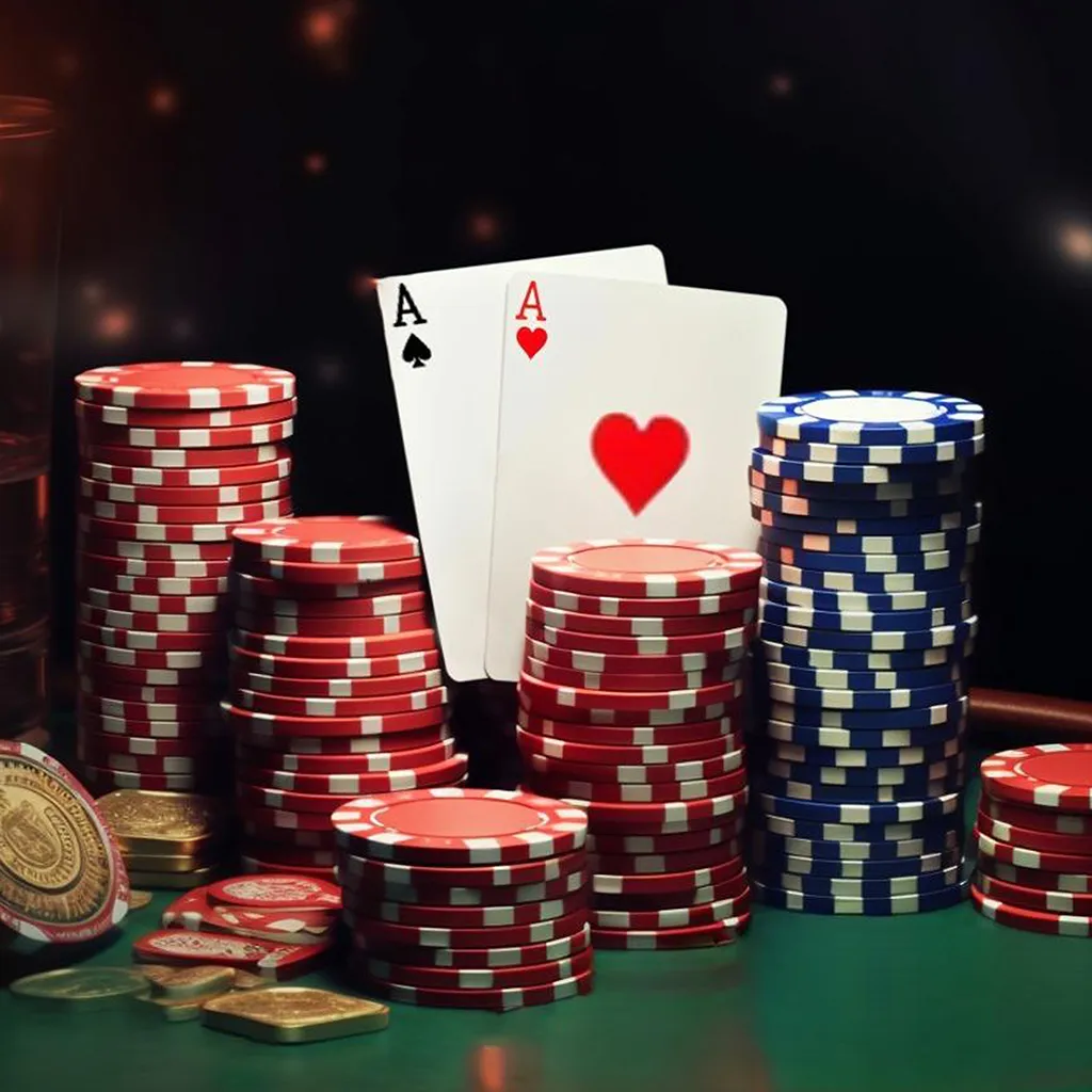Close-up of a pair of Aces and multiple stacks of red and blue casino poker chips, symbolizing a winning hand.