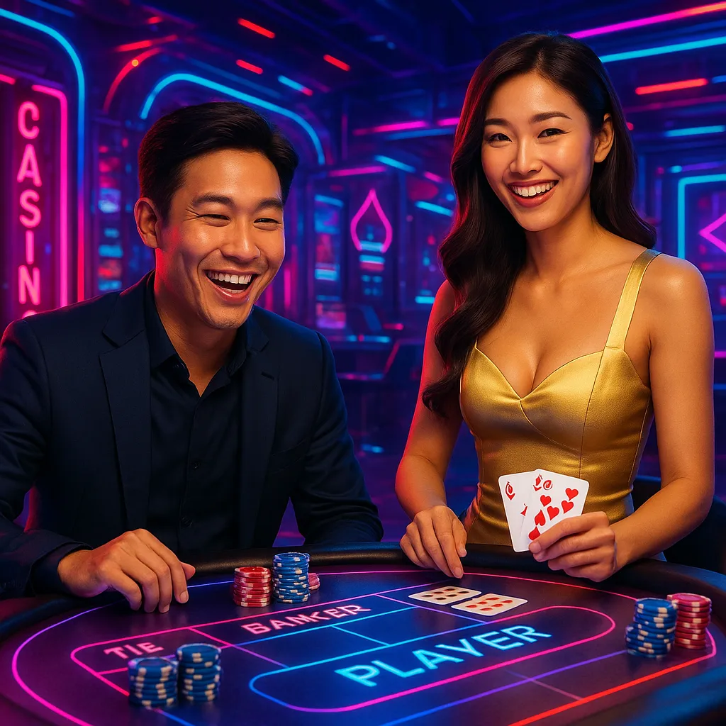 Happy man and woman playing baccarat in a brightly lit, futuristic neon casino setting.