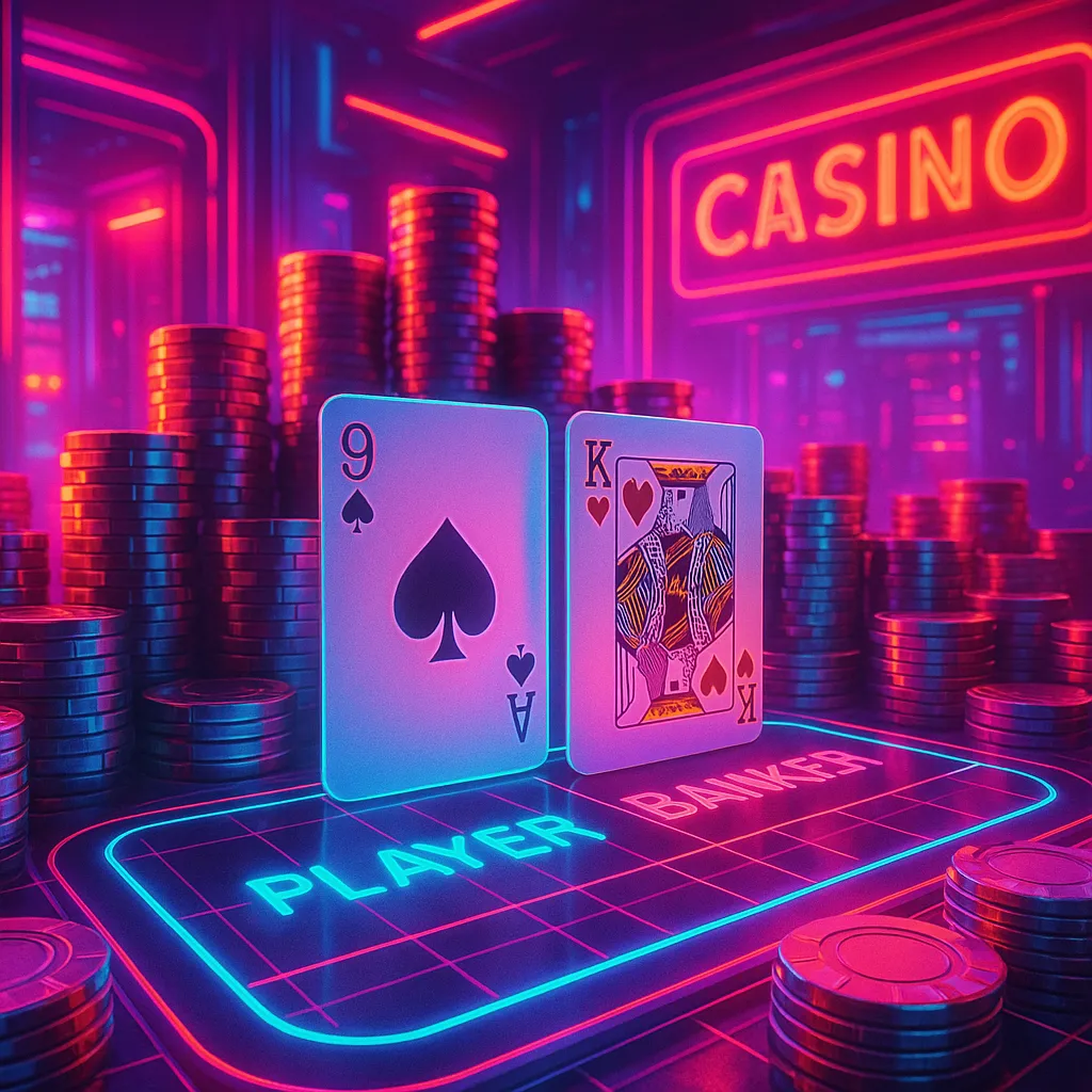 Baccarat cards and chips glowing with pink and blue neon light in a futuristic online casino environment.