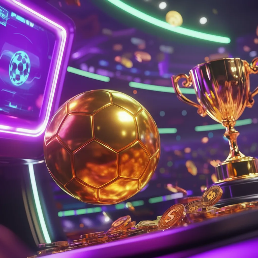 Golden football with trophy, casino lights, and coins symbolizing sports betting and rewards.