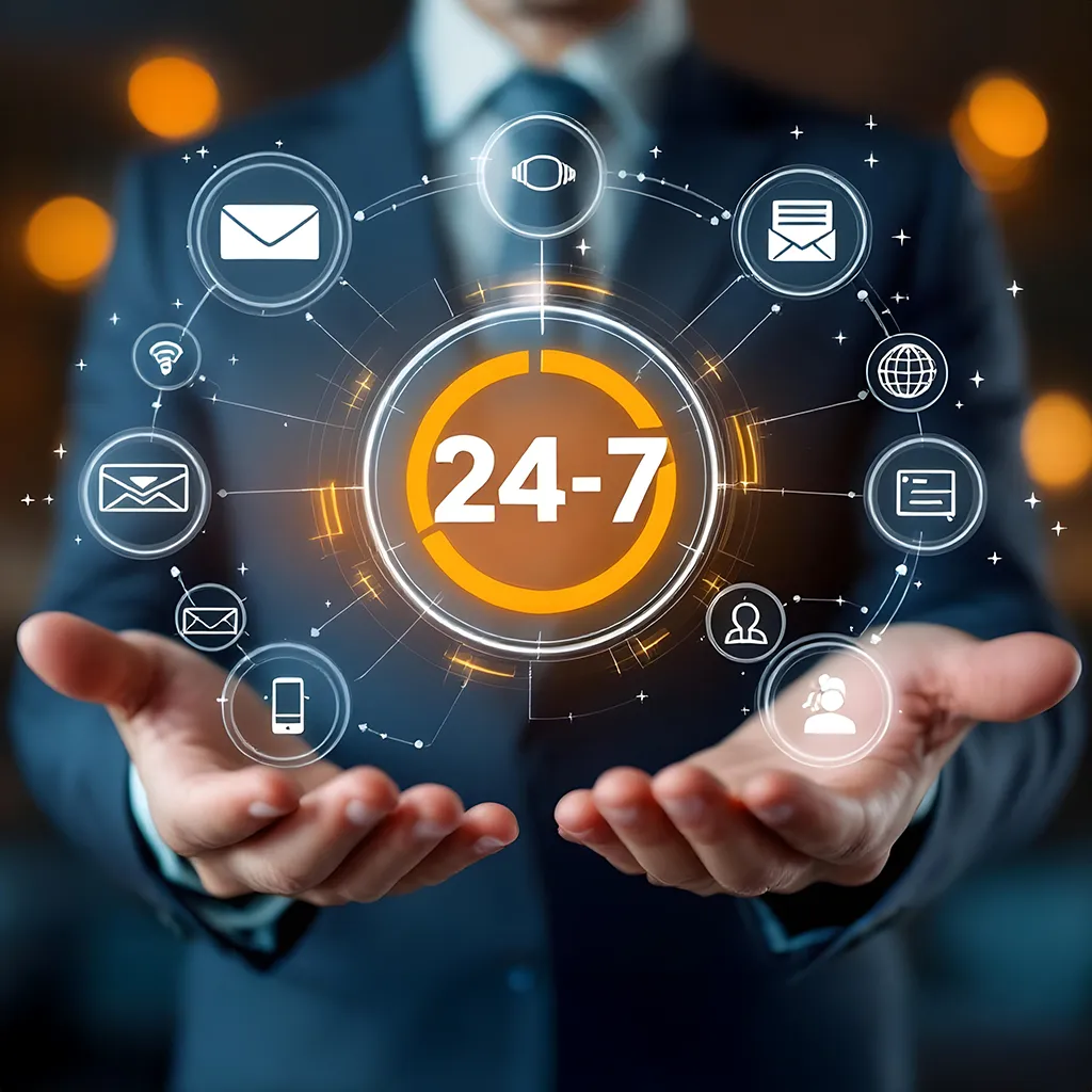 Businessman showing 24-7 online support service icons for global communication and assistance.