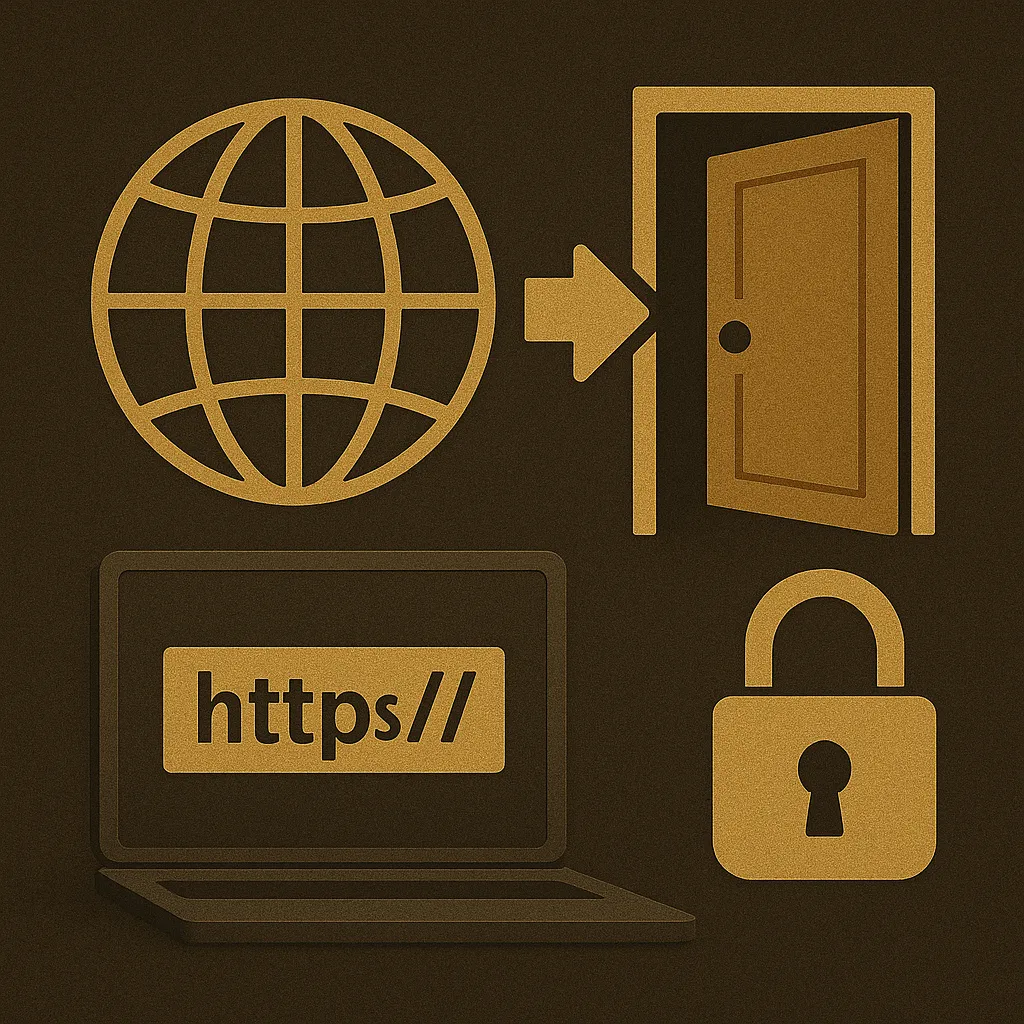 Abstract icon set illustrating secure online access (VPN/Proxy) with a globe, open door, laptop, and padlock.