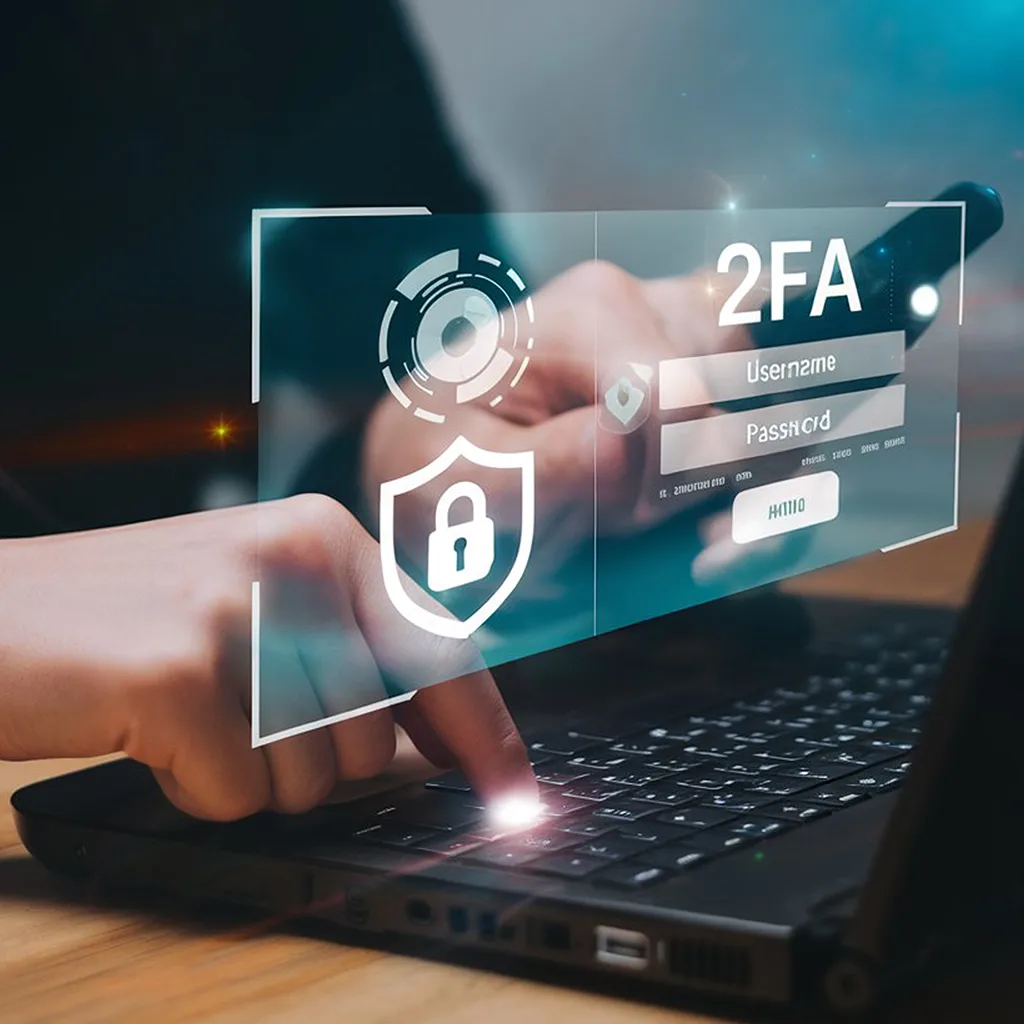 Concept image of Two-Factor Authentication (2FA) for secure login on a laptop.
