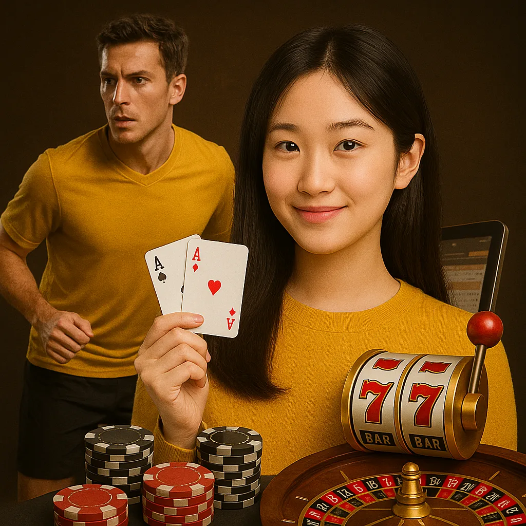 Promotional image combining online sports betting (man running) and casino games (woman with cards, slots, and roulette)