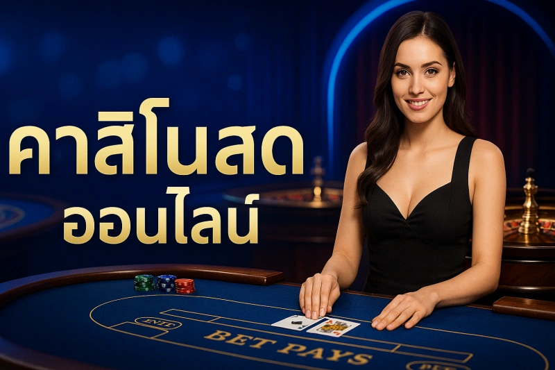 Promotional image for an online live casino with a dealer showing cards at a blackjack table.