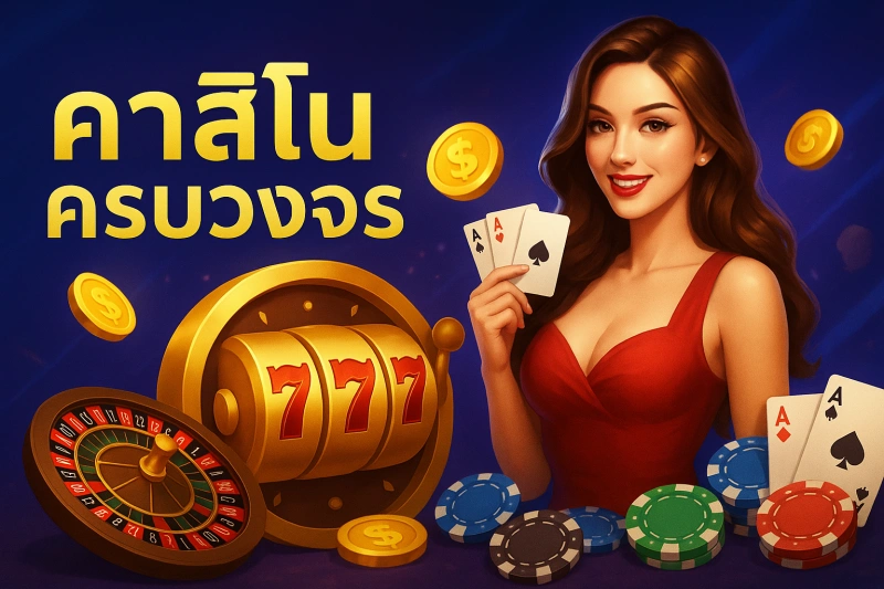 Promotional banner for a full-service online casino in Thai, showing a woman with playing cards and gambling icons.