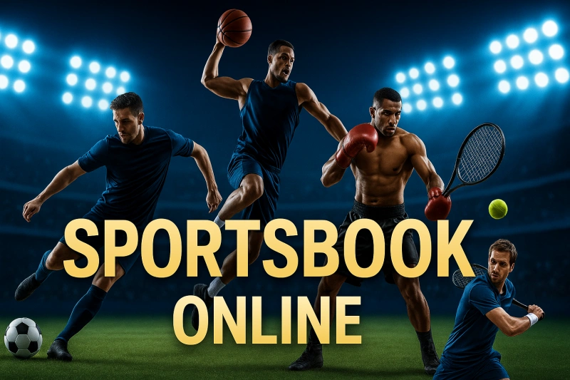 Promotional image for online sports betting featuring four different athletes and the text "SPORTSBOOK ONLINE.