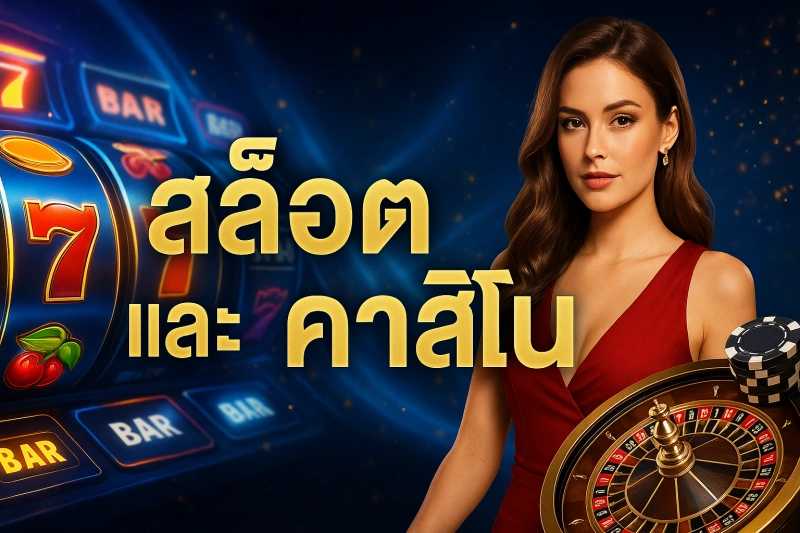 Casino promotion with slot machine reels, roulette wheel, and elegant woman in red dress